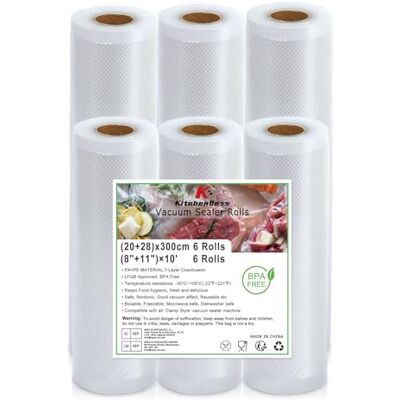 KitchenBoss Sacchetti Sottovuoto Alimenti:6 Rotoli 20/28 x 300cm Buste Sottovuoto Alimenti per Macchina Sottovuoto, Sacchetti Sottovuoto Alimenti per Conservazione Alimenti, Senza BPA KitchenBoss Sacchetti Sottovuoto Alimenti:6 Rotoli 20/28 x 300cm Buste Sottovuoto Alimenti per Macchina Sottovuoto, Sacchetti Sottovuoto Alimenti per Conservazione Alimenti, Senza BPA