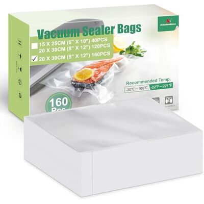 KitchenBoss Sacchetti Sottovuoto Alimenti 160 Pezzi 20x30 cm:Buste Sottovuoto Alimenti Goffrate 175µm per Conservazione Cibi, Adatte per Congelamento, Sous Vide e Microonde, Senza BPA KitchenBoss Sacchetti Sottovuoto Alimenti 160 Pezzi 20x30 cm:Buste Sottovuoto Alimenti Goffrate 175µm per Conservazione Cibi, Adatte per Congelamento, Sous Vide e Microonde, Senza BPA