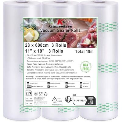KitchenBoss Sacchetti per Sottovuoto 3 Rotoli:28 x 600 cm Rotolo Sottovuoto Alimenti Adatti per Conservazione Alimenti e Cottura Sous Vide, Rotoli Sottovuoto Alimenti Goffati KitchenBoss Sacchetti per Sottovuoto 3 Rotoli:28 x 600 cm Rotolo Sottovuoto Alimenti Adatti per Conservazione Alimenti e Cottura Sous Vide, Rotoli Sottovuoto Alimenti Goffati