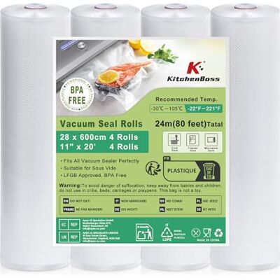 KitchenBoss Rotoli Sottovuoto per Alimenti 28 x 600 cm, 4 rotoli Sacchetti Sottovuoto Alimenti KitchenBoss Rotoli Sottovuoto per Alimenti 28 x 600 cm, 4 rotoli Sacchetti Sottovuoto Alimenti