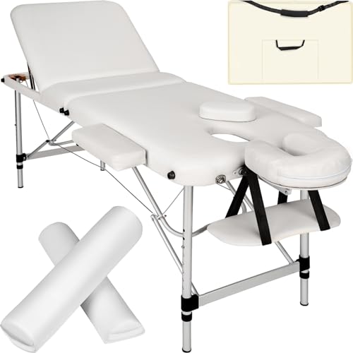 TecTake ® Lettino Massaggio Portatile, 3 Zone, in Alluminio, Gommapiuma, Rivestimento in Pelle Sintetica PVC, Regolabile lettino fisioterapia, Lettino pieghevole, Lettino Estetista, 210x95cm bianco