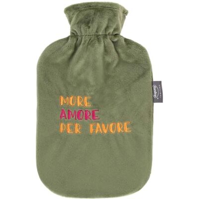 Fashy Borsa dell'acqua calda, 2,0 l, con rivestimento in ratina con ricamo, "More Amore per FAVore", verde Fashy Borsa dell'acqua calda, 2,0 l, con rivestimento in ratina con ricamo, "More Amore per FAVore", verde