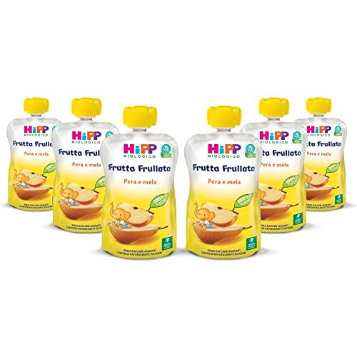 HiPP Frutta Frullata Bio per Bambini, Purea 100% Frutta al Gusto Pera e Mela, Senza Zuccheri Aggiunti, 6 Confezioni da 90 g