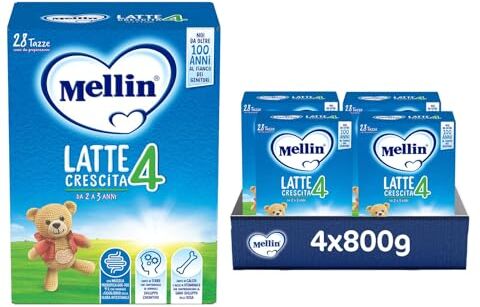 Mellin 4 Latte di Crescitain Polvere per Bambini dal 2° al 3° anno Confezione da 3200 grammi (4 pezzi da 800g)