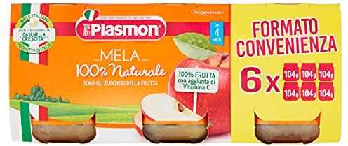 Plasmon Omogeneizzato Frutta Mela 104g 6 Vasetti con Mele Italiane, 100% naturale, con aggiunta di Vitamina C