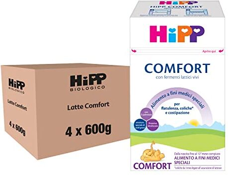 HiPP Comfort, Latte in Polvere per Neonati, Alimento per Coliche, Costipazione e Flatulenza, con Fermenti Lattici Vivi, 4 Confezioni da 600 gr