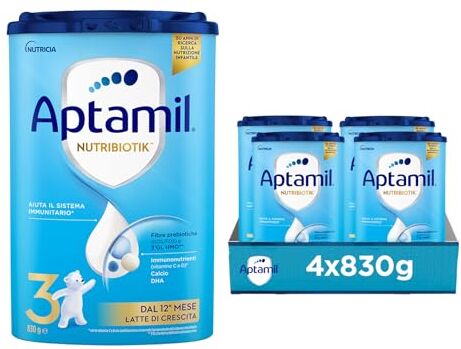 Aptamil Nutribiotik 3 Latte di Crescita in Polvere per Bambini dai 12 mesi Confezione da 3320 grammi (4 confezioni da 830g)