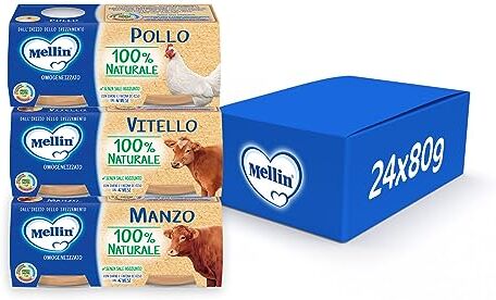 Mellin Omogeneizzato Naturale, Mix Gusti Carne, 24 Vasetti Da 80 Gr