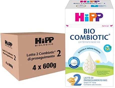 HiPP Latte 2 Combiotic di Proseguimento Bio, Latte in Polvere per Neonati, Indicato dal 6° Mese Compiuto, 4 Confezioni da 600 g