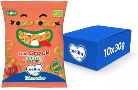 Mellin MiniCrock Pomodoro e Rosmarino Snack Biologico, per Bambini dal 10° Mese Compiuto 10 Confezioni da 30 grammi (Totale 300gr)