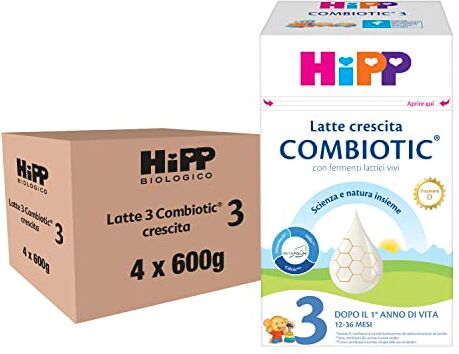 HiPP Latte 3 Combiotic Crescita, Latte in Polvere, Indicato per Bambini dal 1° Anno d'Età, 4 Confezioni da 600 gr