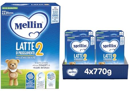 Mellin 2 Latte di Proseguimento in Polvere per Neonati dal 6° Mese Compiuto al 12° 4 Confezioni da 770 gr