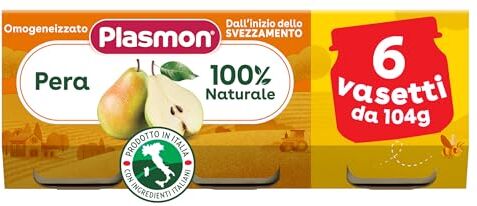 Plasmon Omogeneizzato Frutta Pera 6x104g, Vasetti con Pere Italiane 100% naturale, con aggiunta di Vitamina C