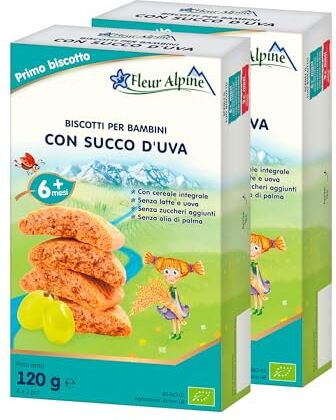 Alpine Biscotti Baby con Succo d'Uva, 2x120g I Snack Alimento Completo per Bambini dai 6 Mesi in Su I Snack Fette Biscottate Integrali senza Zuccheri Aggiunti I 12x2 Biscotti