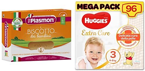 Plasmon Biscotto Classico 720 g (6 Confezioni) + Huggies Extra Care Pannolini, Taglia 3 (4-9 Kg), Confezione da 96 Pannolini