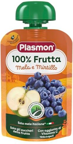 Plasmon 100% Frutta Mela e Mirtillo 100g Pouch Con aggiunta di Vitamina C, solo gli zuccheri della frutta