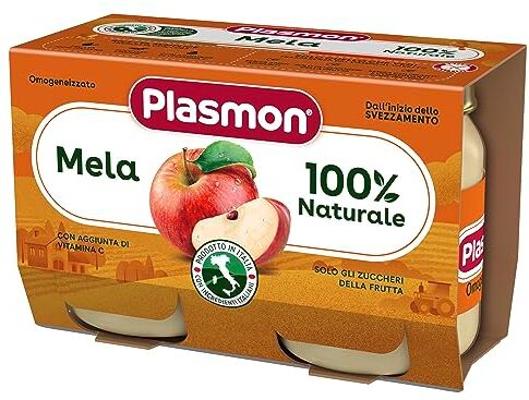 Plasmon Omogeneizzato Frutta Mela 2x104g Vasetti con Mele Italiane, 100% naturale, con aggiunta di Vitamina C