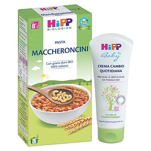 HiPP Pastina Bio, Maccheroncini, 12 confezioni da 320gr + Crema Cambio Quotidiana, per Cambio Pannolino, 6 pezzi da 100ml