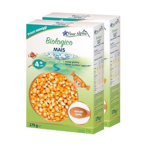 Alpine Confezione da 2 porridge di mais biologico per neonati Colazione deliziosa Preparazione facile Alimenti per bambini dai 4 mesi in su senza zuccheri aggiunti 2x7 porzioni