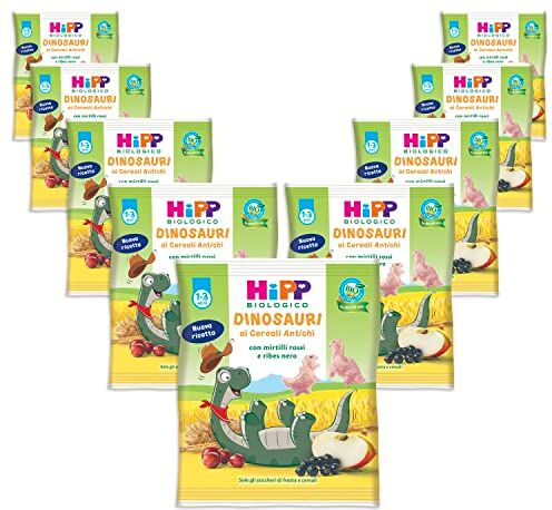 HiPP Dinosauri ai Cereali Antichi, Snack Biologico per Bambini con Mirtilli Rossi e Ribes Nero, 9 Confezioni da 30 gr