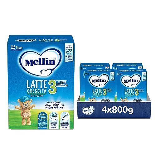 Mellin 3 Latte di Crescita in Polvere per Bambini dal 1° al 2° anno Confezione da 3200 grammi (4 pezzi da 800g)