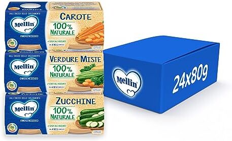 Mellin 12 Vasetti x 80 g di Omogeneizzati di Verdure, 100% Naturale, 4 x 80 g Verdure Miste, 4 x Solo Carote, 4 x Solo Zucchine