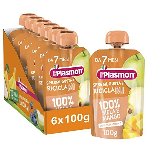 Plasmon 100% Frutta Mela e Mango 100g 6 Pouch Con aggiunta di Vitamina C, solo gli zuccheri della frutta