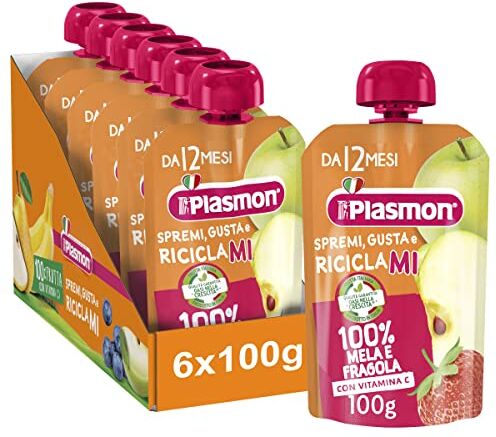 Plasmon 100% Frutta Mela e Fragola 100g 6 Pouch Con aggiunta di Vitamina C, solo gli zuccheri della frutta