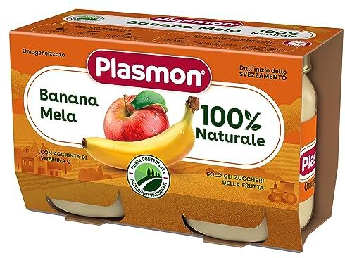 Plasmon Omogeneizzato Frutta Banana con mela 104g 24 Vasetti con Frutta selezionata, 100% naturale, con aggiunta di Vitamina C