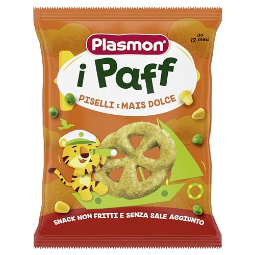 Plasmon Snack i Paff Piselli e Mais Dolce 15gr 5 Confezioni Snack non fritti e senza sale aggiunto, perfetti per le manine del tuo bambino