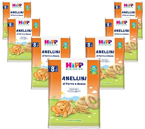 HiPP Anellini di Farro e Avena Bio, Snack per Bambini, 100% Cereali Bio, 7 Confezioni da 30 gr