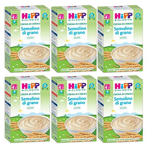 HiPP Crema di Cereali Istantanea per Neonati, con Semolino di Grano Duro 100% Biologico, Senza Zuccheri Aggiunti, 6 Confezioni da 200 gr