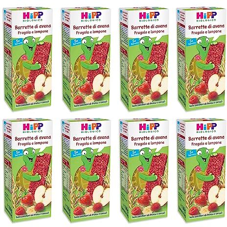 HiPP Barrette di Avena Bio, Gusto Fragola e Lampone, Snack per Bambini 100% Biologico, 8 Confezioni con 5 Barrette Ciascuna