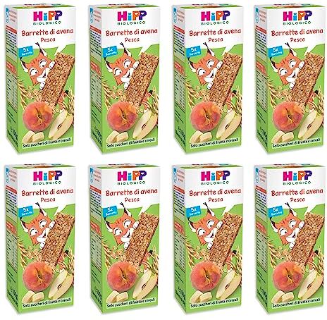 HiPP Barrette di Avena Bio, Gusto Pesca, Snack per Bambini 100% Biologico, 8 Confezioni con 5 Barrette Ciascuna