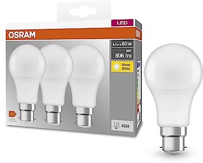 OSRAM Lampada LED BASE CLASSIC A 60 FR con attacco B22d, goccia, confezione tripla, 8.5W, 806lm, 2700K, luce bianca calda, bassa emissione di calore, basso consumo energetico, lunga durata