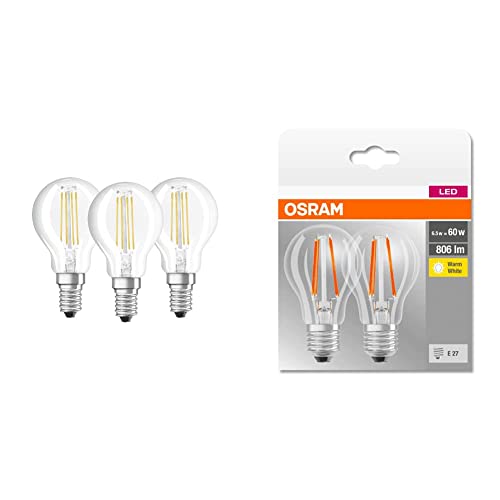 Osram Base Clas P Lampada LED E14, 4 W, Luce Calda, 3 Lamp & Lampada LED Base Classic A, forma di Lampadina con Base E27