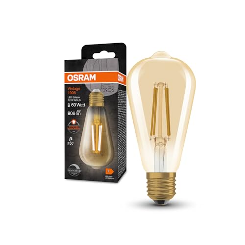 Osram Lampada LED Vintage 1906 Classic Edison FIL 60, E27, Dimmerabile, Forma Edison, Oro, 7.2 W, 806 lm, 2400 K, Luce Bianca molto calda, basso consumo, lunga durata