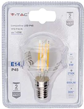 V-TAC Lampadina LED E14 6W P45 Filamento 3000K (Blister 1 Pezzo)