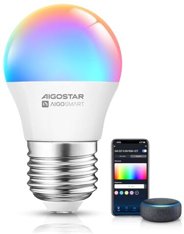 Aigostar 6.5W G45 Lampadine Alexa Bluetooth Mesh (Telecomando non incluso), Lampadina Smart Works with Alexa, Lampadina Alexa E27 LED 555LM RGB & 2700K-6500K, 1 Unità