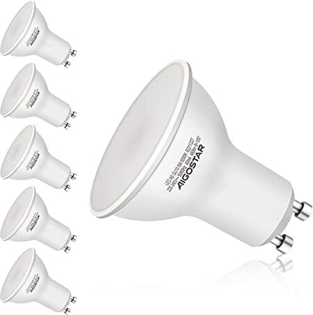 Aigostar Lampadina LED GU10 6W, Luce Bianca Fredda 6500K 480 Lumen, Angolo a Fascio 100-120 Gradi, Nessun Sfarfallio Non Dimmerabile, Pacco da 5