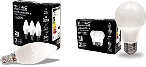 V-TAC Lampadina LED a Candela con Attacco Edison E14, 4,5W (Equivalenti a 45W), Candela, 470 Lumen, Luce Bianca Calda (Box 3 Pezzi) & Lampadina LED con Attacco E27 8,5W A60 806 Lumen