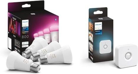 Philips White and Color Ambiance Lampadina Smart LED, Attacco E27, Luce Bianca o Colorata, 6.5W, 4 Pezzi & Sensore di Movimento, Accensione e Spegnimento Automatico Luci Smart, Bianco