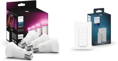 Philips White and Color Ambiance Lampadina Smart LED, Attacco E27, Luce Bianca o Colorata, 6.5W, 4 Pezzi & Telecomando Dimmer Switch, Controllo illuminazione Smart, Bianco, Versione 2021