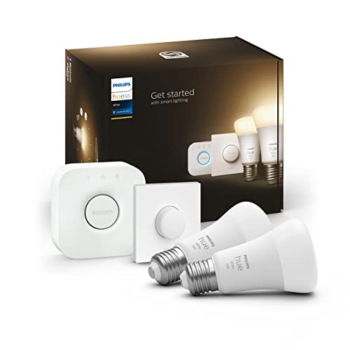 Philips White Starter Kit con 2 Lampadine, Bluetooh, Dimmerabili, E27 + Hue Bridge + 1 Telecomando Hue Smart Button, Bianco
