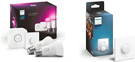 Philips Hue White and Color Ambiance Starter Kit, 2 Lampadine Smart, Dimmerabili, E27, 1 Bridge Hue Controllo Completo Sistema + 2x Hue Smart Button Telecomando Controllo Smart Hue, Bluetooth, Bianco