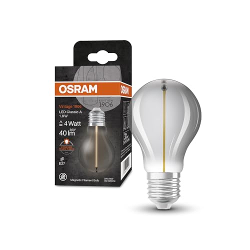 OSRAM Lampada LED Vintage 1906 Classic A FIL, E27, goccia, fumé, 1.8W, 40lm, 1800K, luce bianca molto calda, filamento magnetico, basso consumo energetico, lunga durata