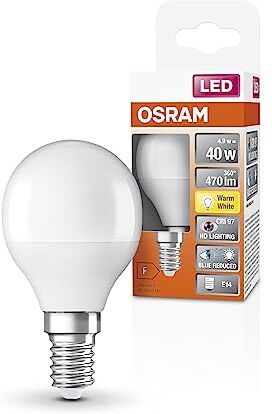 Osram Lampada LED SUPERSTAR+ CLASSIC P 40 FR, attacco E14, sfera, 4.9W, 470lm, 2700K, luce bianca calda, componente blu e affaticamento visivo notevolmente ridotti, consumo energetico molto basso