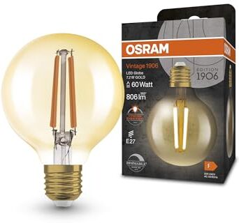 Osram Lampada LED Vintage 1906 Classic GLOBE 80 mm FIL 60, E27, Dimmerabile, Forma Globo, Oro, 7.2 W, 806 lm, 2400 K, Luce Bianca molto calda, basso consumo energetico, lunga durata