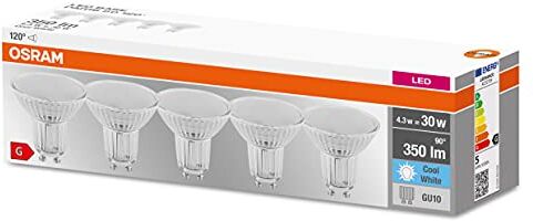 Osram 50, riflettore lampade a LED in vetro per GU10 base, bianco freddo (4000K), sostituzione per le tradizionali lampade spot 50W, scatola di 5 lampade