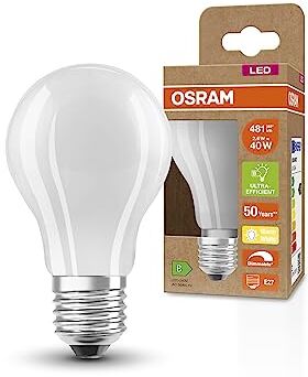 OSRAM Lampada LED SUPERSTAR+ CLASSIC A GLFR 40, E27, goccia, 2.6W, 481lm, 2700K, luce bianca calda, dimmerabile, filamento LED, consumo energetico molto basso, classe di efficienza energetica B